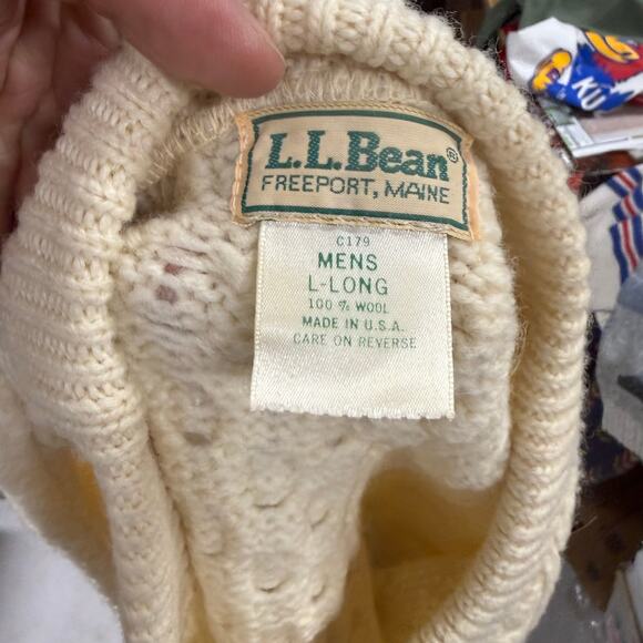 Vintage LL Bean Cable Knit Sweater Mens L Tall Beige Wool Fisherman Made in USA - Picture 7 of 7
